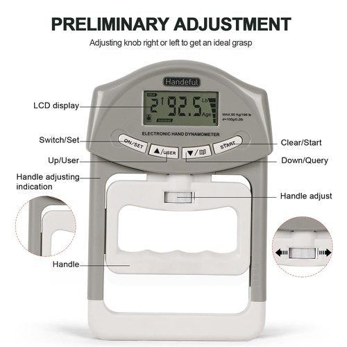 Handeful Grip Strength Tester, Hand Grip Dynamometer (198Lbs / 90Kgs), Electronic Handgrip Testing for Sports Home School Use
