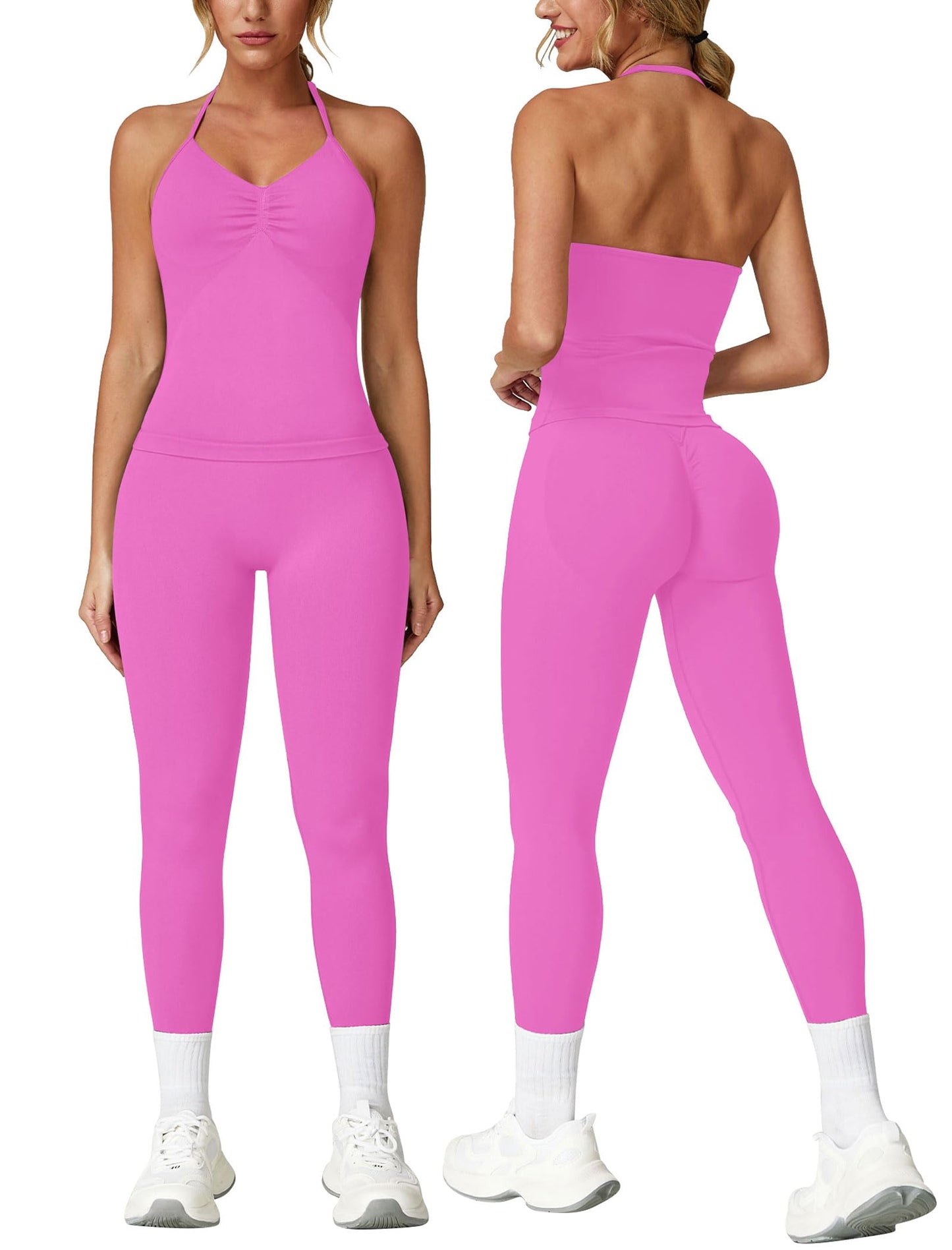 ABOCIW Two Piece Workout Sets for Women Seamless Impact Longline Strappy Top Halter Sports Bra Scrunch Butt Lifting High Waist Leggings Gym Yoga Athletic Set Hot Pink Medium