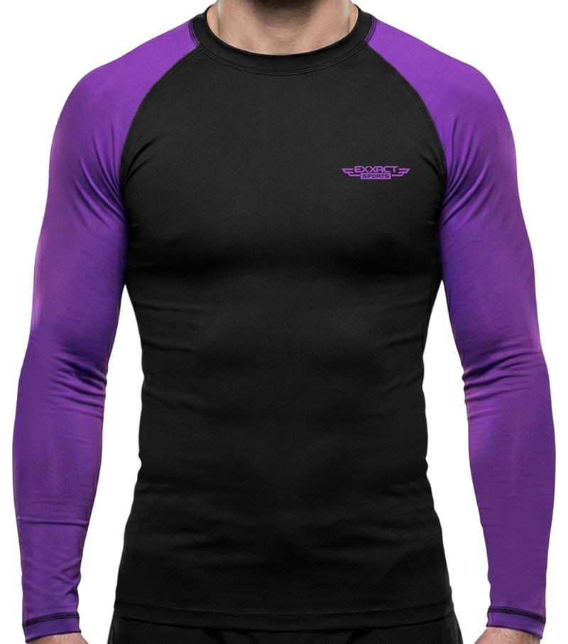 Exxact Sports Men’s BJJ Rash Guard Long Sleeve, IBJJF Ranked No Gi Jiu Jitsu Compression Shirt for MMA Grappling & Wrestling - (Black/Purple, AM)