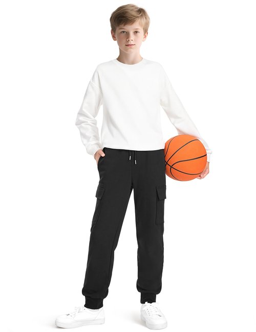 Auranso Boys Sweatpants Kids Athletic Cargo Pants Causal Joggers Workout Clothes with Pocket Drawstring Black 13-14Years