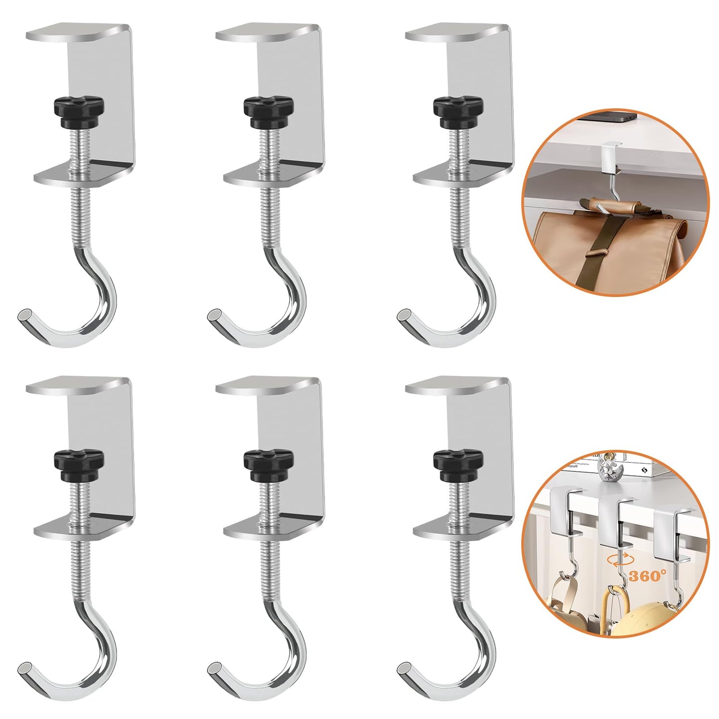 Vinommart 6 Pcs Adjustable Table Hooks for Hanging Bags, Heavy Duty Metal Backpack Hooks for Desk