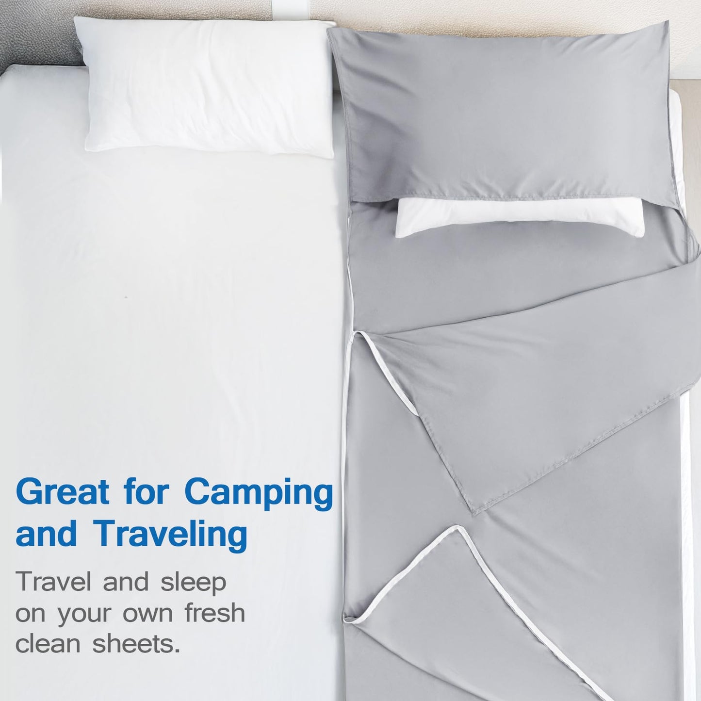 Sleeping Bag Liners with 2 Way Zipper, Adult Sleep Sack Travel Sheets for Hotel/Hostels/Business Trips, Lightweight Single Camping Sheet Sleep Bag Liner Warm & Cold Weather, Gray