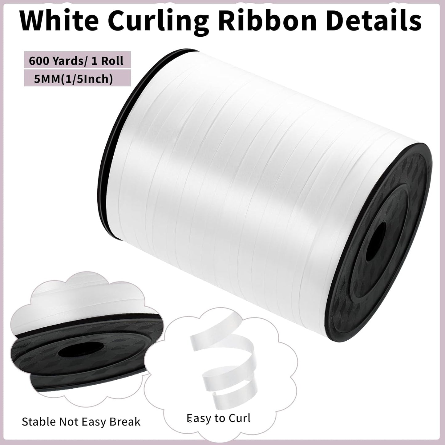 Skiennix 600 Yards White Curling Ribbon - 1/5 Inch Thin Ribbon for Gift Wrapping & Party Decor