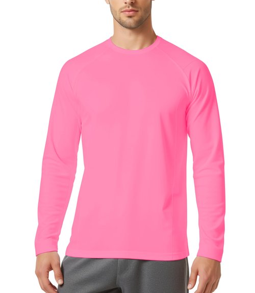 Silenroar Men Long Sleeve Athletic Shirt, Crewneck Running T-Shirts Fitted, Moisture Wicking Base Layer Workout Tee Dry Fit(neon Pink,L)