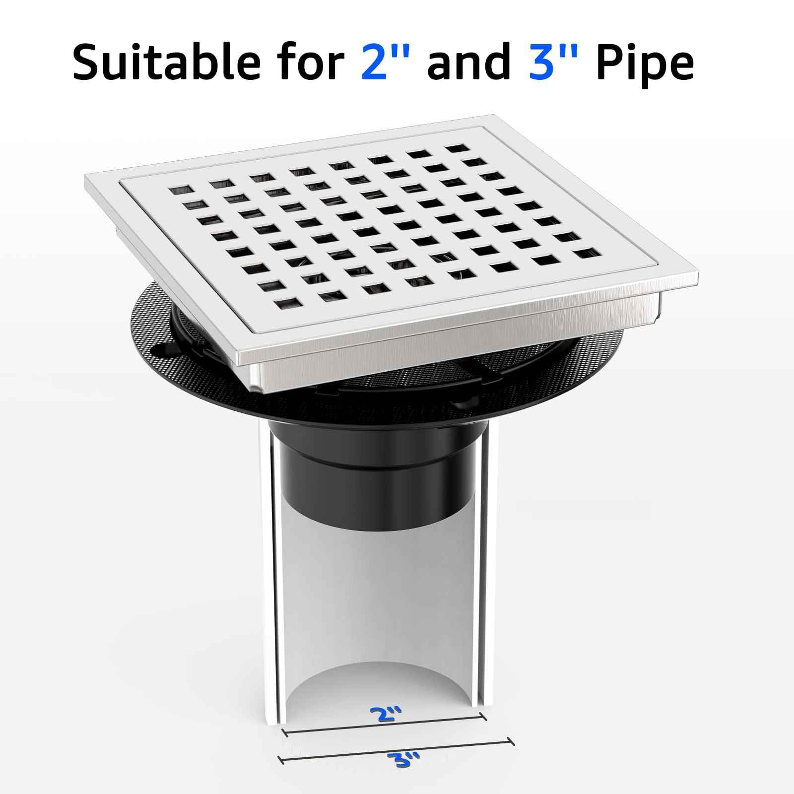 Premium 6 Inch Square Shower Floor Drain with Flange - Quadrato Pattern Removable Grate, Brushed Nickel Food-Grade SUS 304 Stainless Steel