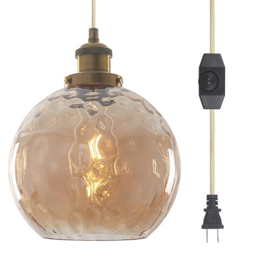 ETONIMERR Plug in Pendant Light, Amber Brown Glass Chandelier Hanging Light Fixture for Dining Room, Outdoor Pendant light with 15ft Cord and Dimmable Switch for Porch Gazebo Kitchen Island Livingroom