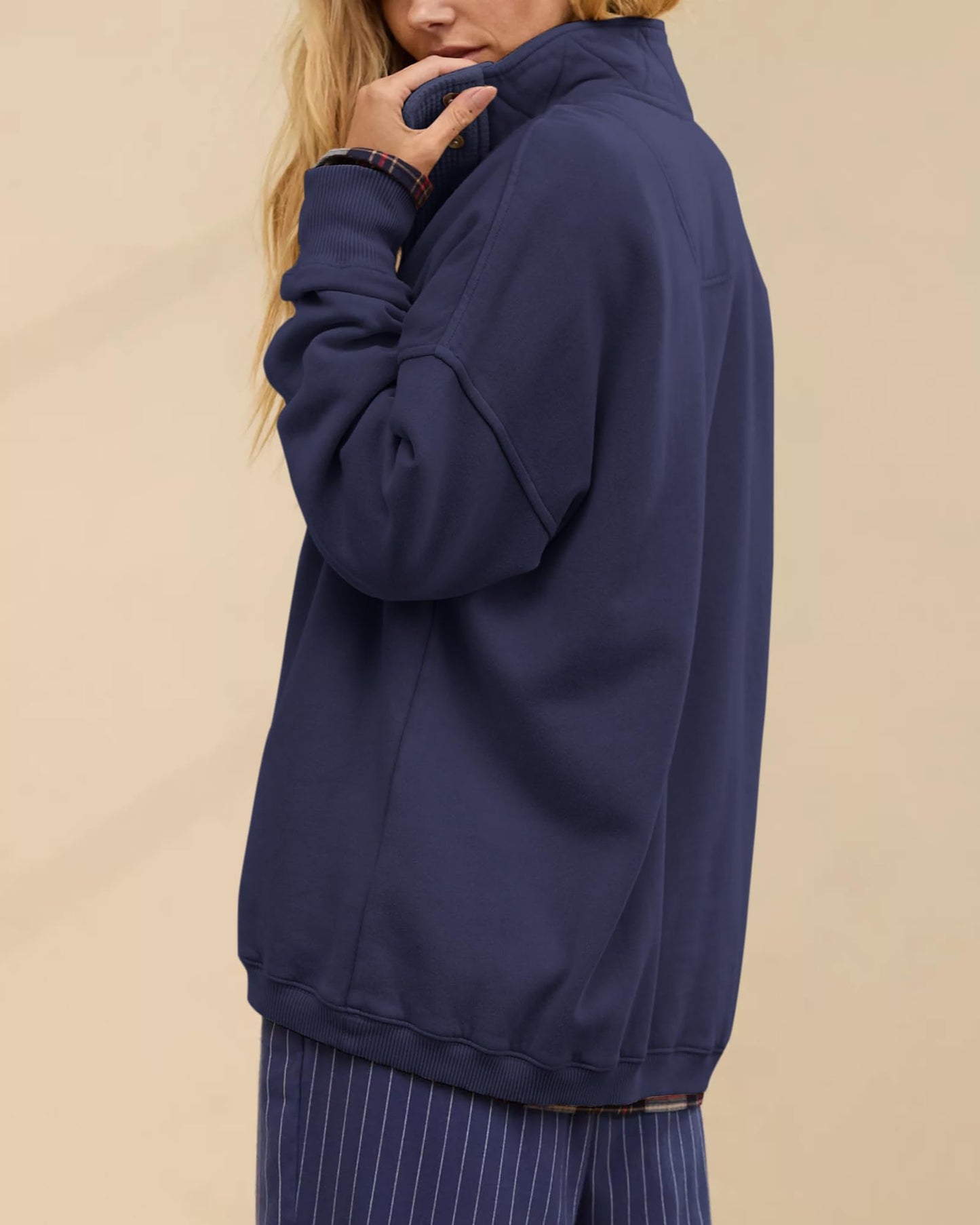 Gacaky Sweatshirt for Women Oversized Casual Long Sleeve Button Henley Neck Pullover Tops Fashion Outfits Clothes Navyo M