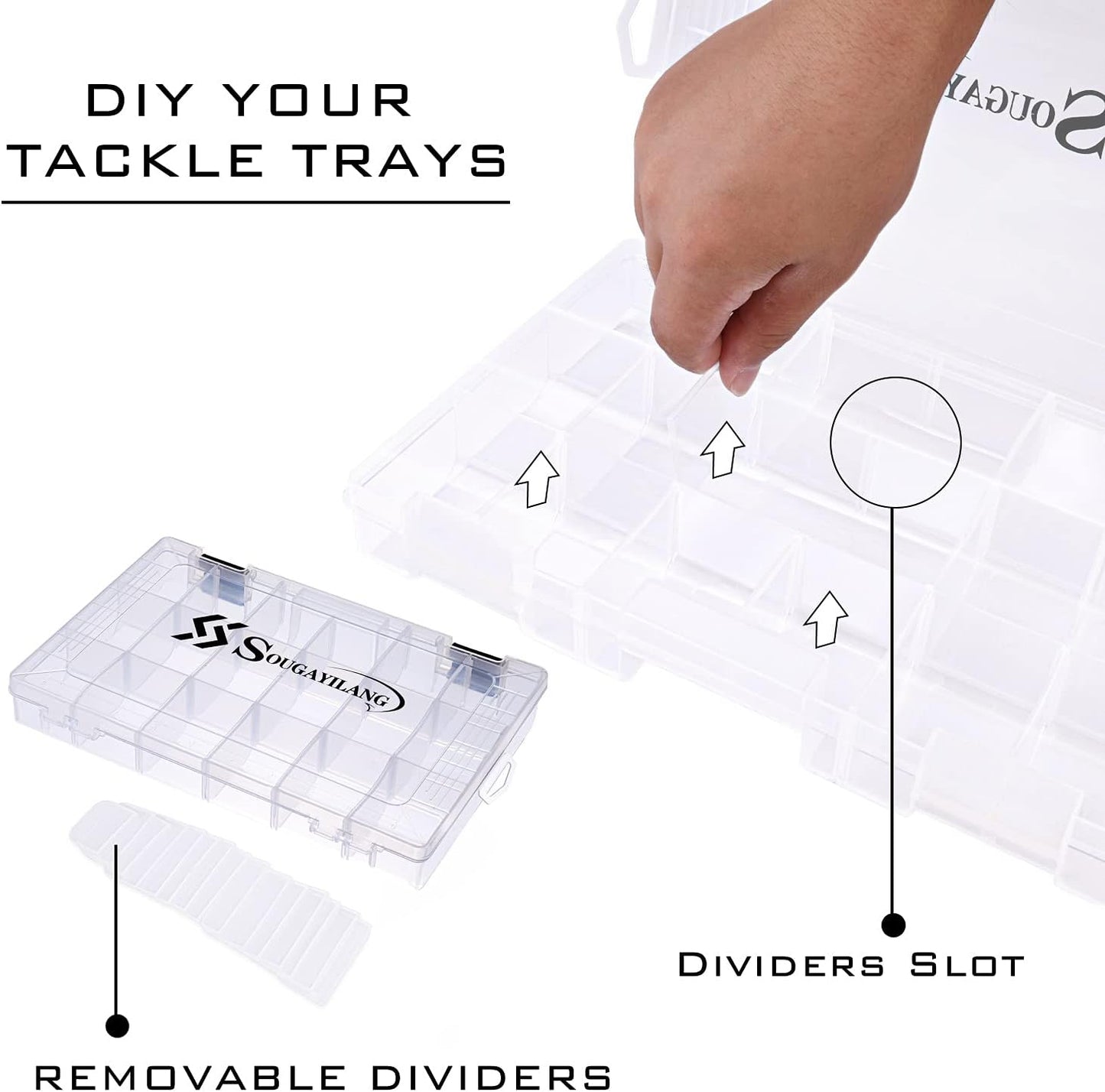 Sougayilang Fishing Tackle Boxes - 3600 3700 Plastic Storage Organizer Box with Removable Dividers - Fishing Tackle Storage - 4 Packs Transparent Tackle Trays