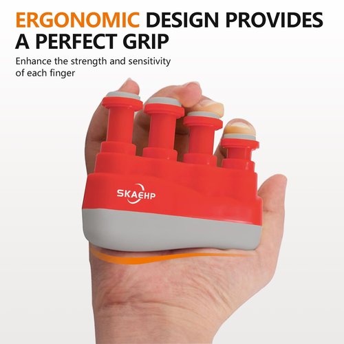 Hand Exerciser - Improves flexibility and strength in fingers, hands, and forearms - Adjustable tension for each finger - Simulated guitar strings help develop calluses - Comfortable workout - Red and gray