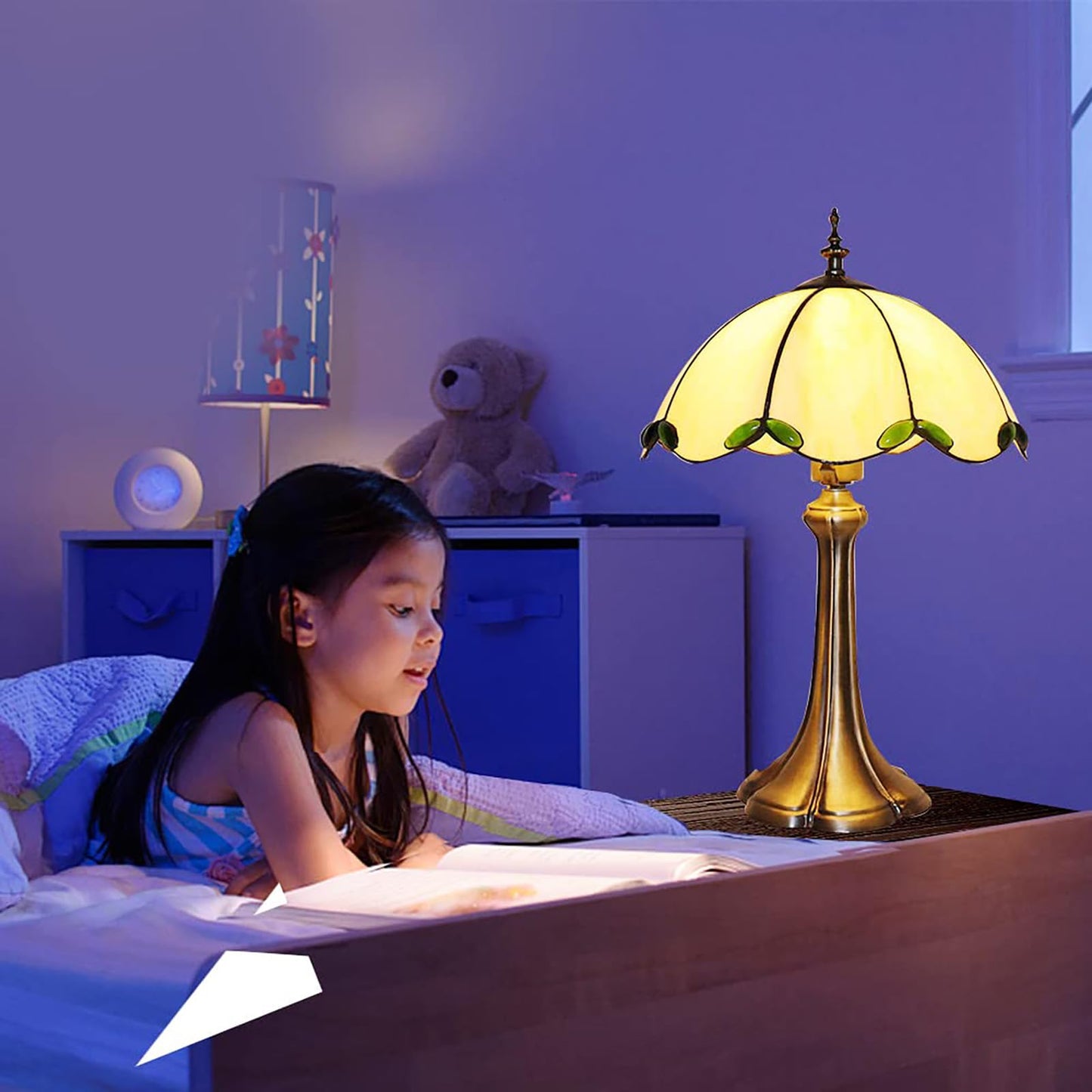 YingJu Tiffany Style Table Lamp,Beige Stained Glass Lamp,Vintage Lamp,12 Inches Wide,for Bedroom,Living Room,Home Office (Including LED Bulbs)