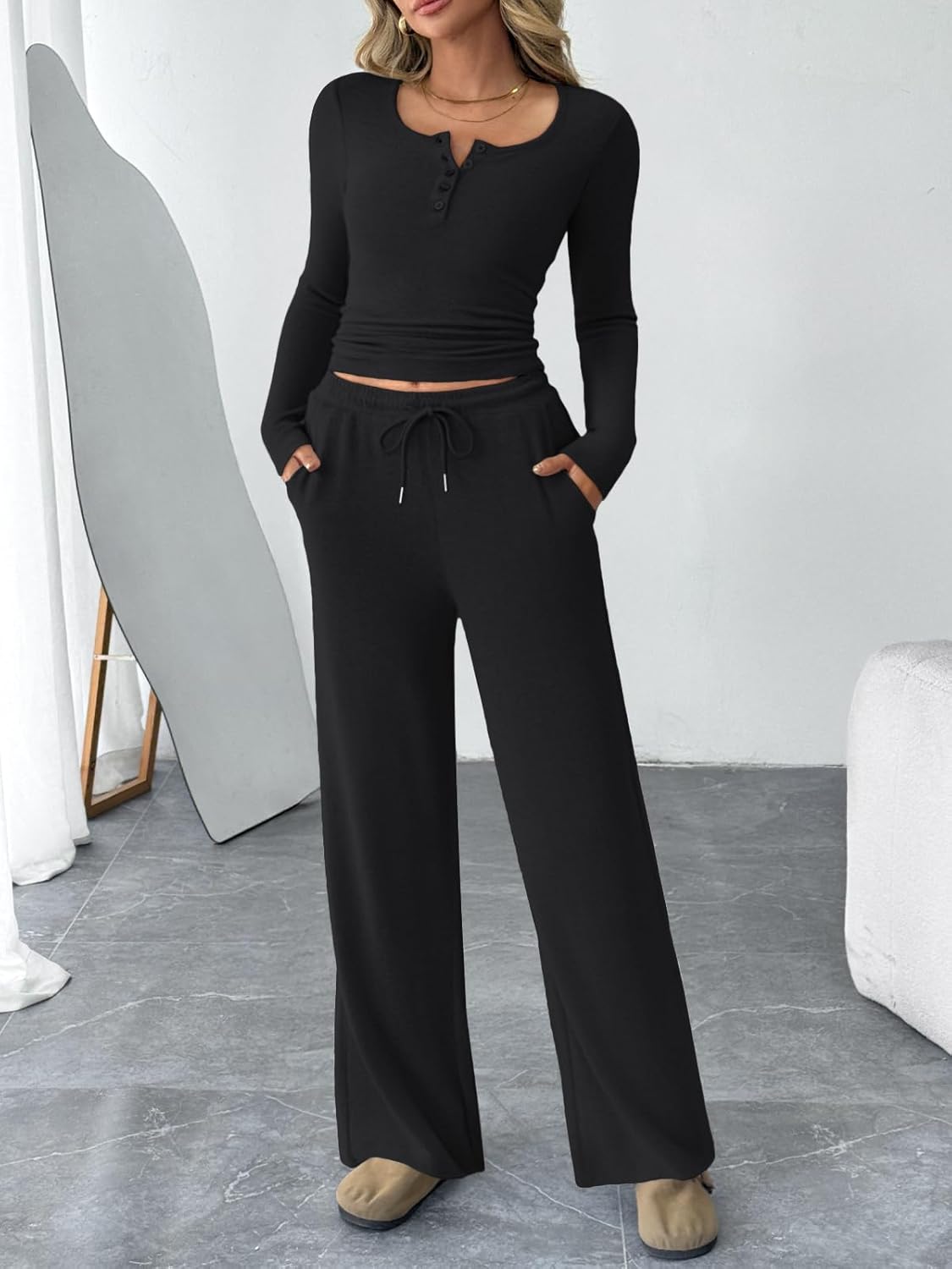 Trendy Queen Women's 2-Piece Lounge Set - Cozy Henley Neck Sweater & Wide Leg Pants | Fall Fashion Outfit