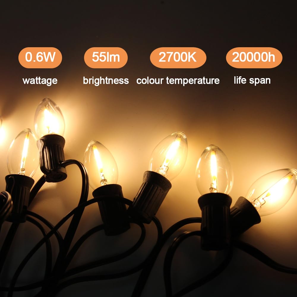 NETEHA 15 Pack C7 Clear Led Replacement Christmas Light Bulb, C7 E12 Base 120V Waterproof Led Bulbs for Christmas Outdoor String Lights, Halloween Decoration Bulb