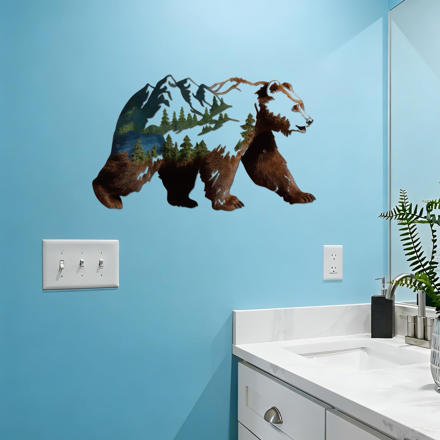 Resama Metall Bear Forest Pine Tree Wall Art Bear Peak Natural Scenery Wall Sign for Home, Wildlife Hunting Home Hanging Decorations for Living Room, Bedroom Kitchen Bathroom (Dark Brown)