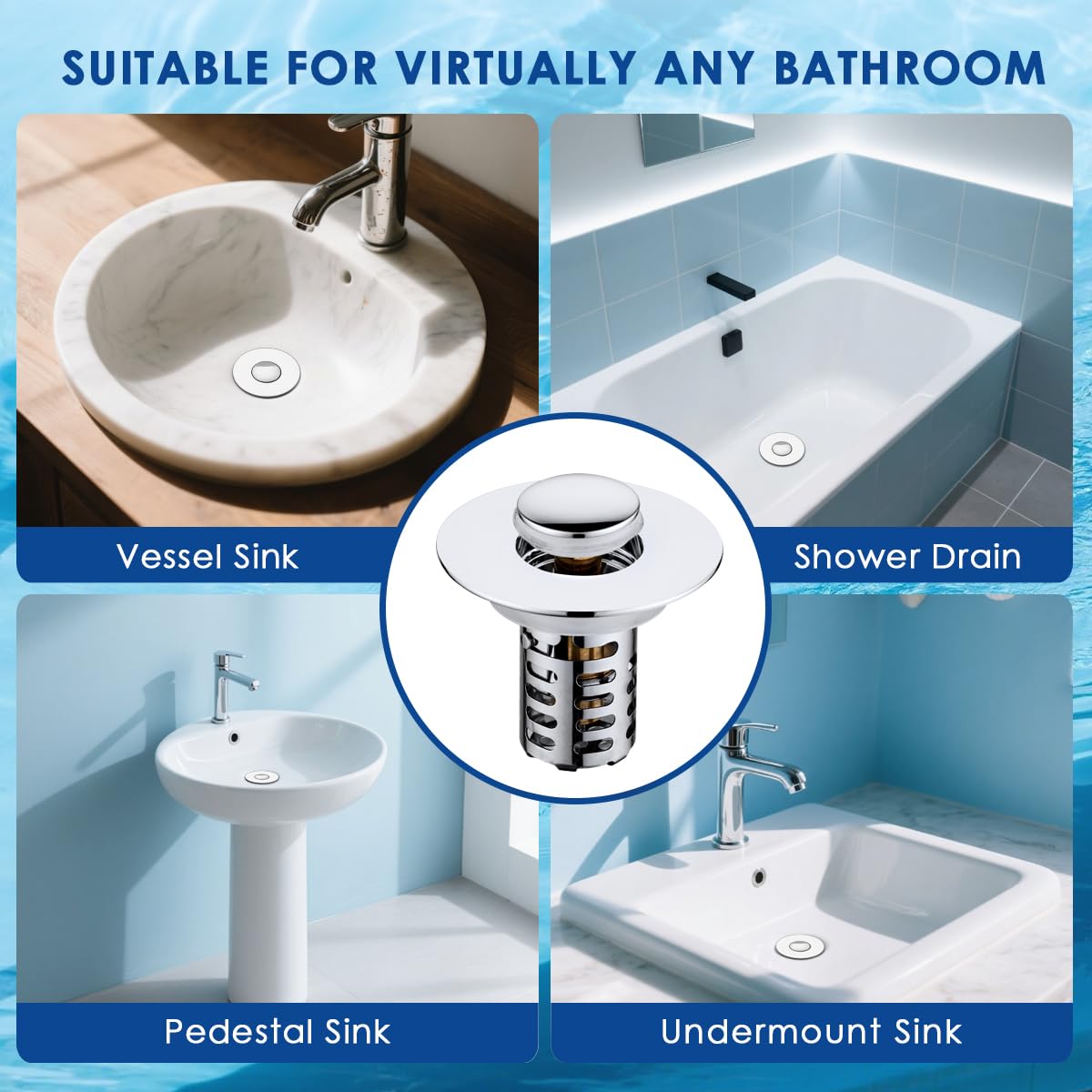 3 in1 Bathroom Sink Drain Strainer & Bathroom Sink Stopper,Pop Up Sink Stopper with Removable Stainless Steel Filter Basket Hair Catcher,Universal Sink Plug Fits 1.1"-2.36" Drain Holes