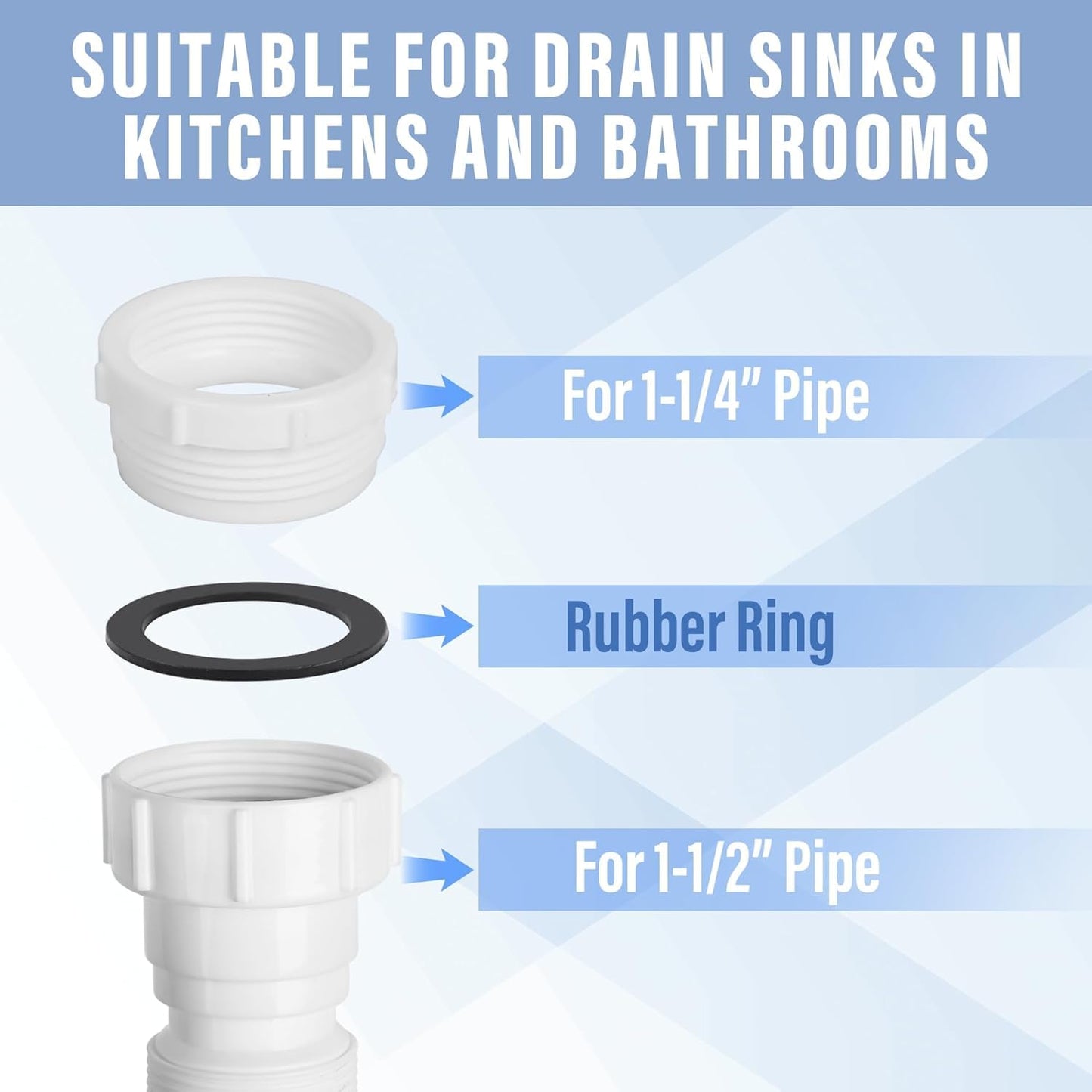 Cunsen 1-1/2" Sink Drain Pipe Kit, Flexible Sink Drain Pipe P-Trap, 10"-29" Flexible Sink Drain P-Trap for Bathroom Sink and Kitchen Sink, 1-1/4" Adapter Included (White)