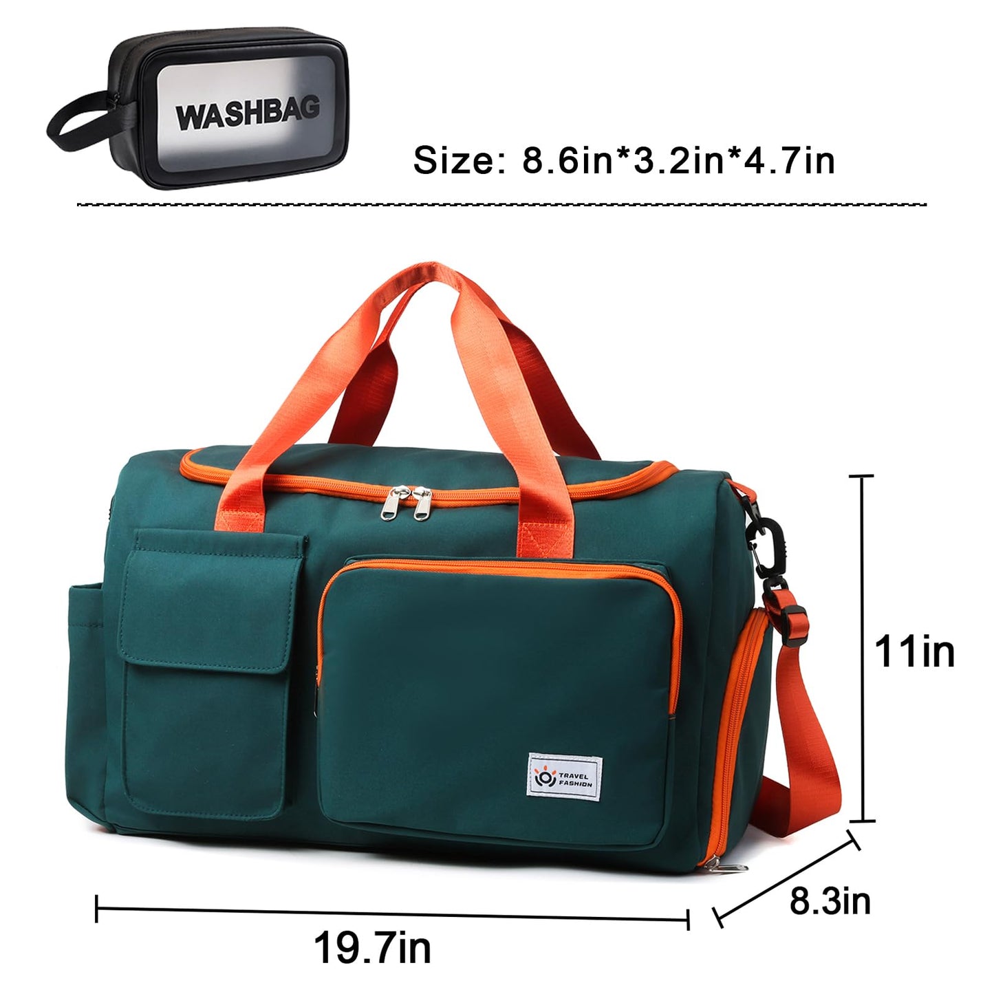 Small Gym Bag for Women, Waterproof Travel Duffle Bag Carry On Weekender Bag with Shoe Compartment & Wet Pocket, Gym Tote Bag for Travel, Workout, Sport - Green Orange