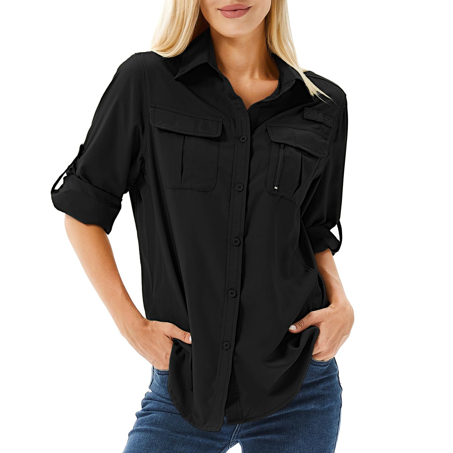 Toumett Women's UPF 50 Long Sleeve UV Sun Protection Safari Shirts Outdoor Quick Dry Fishing Hiking Travel Shirts(5071,Black,L)