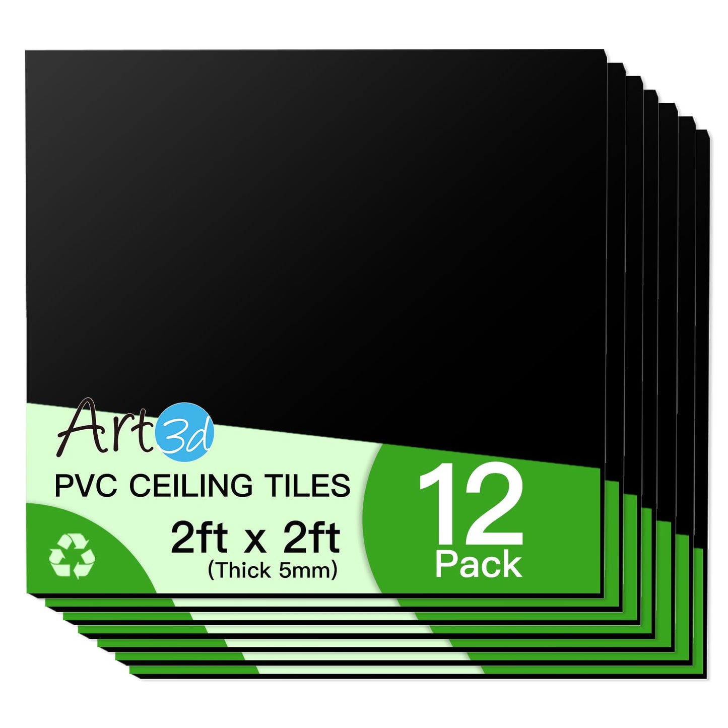 Art3d 24"x24" Smooth Drop Ceiling Tiles (48 Sq.Ft), 12-Pack 2ft x 2ft PVC Tiles for Home and Office, Waterproof and Reusable Plastic Ceiling, Black