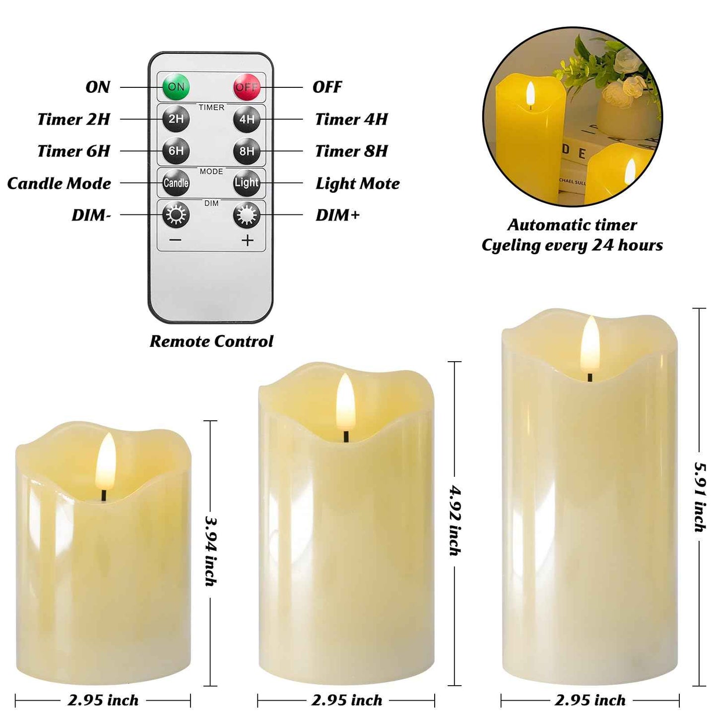 Homwamee Flameless Candles with Remote - Realistic 3D Flickering LED Candles, Timer & 3 Sizes (4”/5”/6”), Battery Operated Safe Real Wax Candles for Home/Wedding/Party Decor, Set of 3