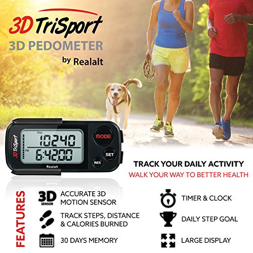 3D Walking Pedometer with Clip & Strap - Stealth Black