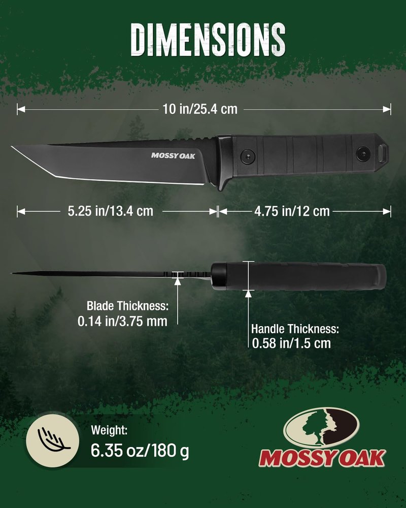 Mossy Oak 10 Inch Fixed Blade Hunting Knife, 14C28N Full Tang Tanto Hunting Knife with Sheath for Survival, Camping, Hiking, Tactical Use