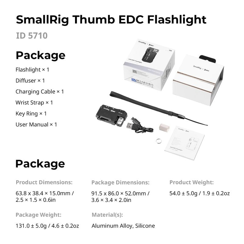 SMALLRIG Rechargeable Mini EDC Flashlight, 400 Lumens Magnetic Pocket-Sized LED Light, IP65 Waterproof, with 1/4”-20 Screw, Diffuser, Everyday Carry Flashlight for Camping, Signaling - 5710