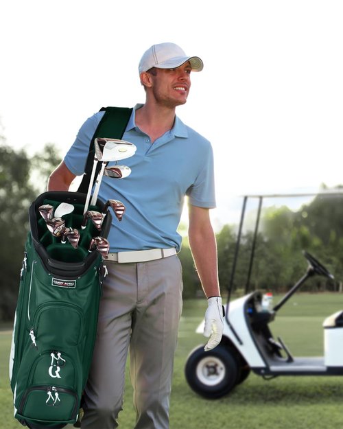 Golf Cart Bag:14 Way Full Length Divider Top Lightweight with Cooler Handles Rain Cover and Golf Shoe Bag Green (Dark Green)