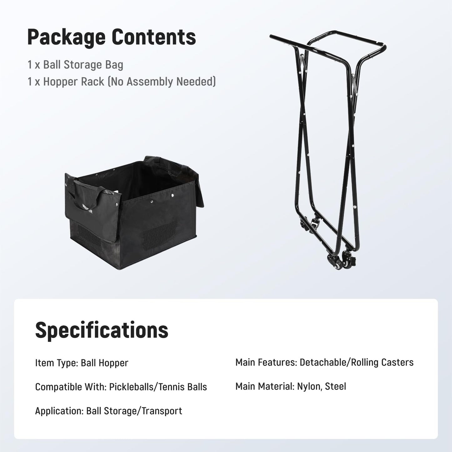 NEEWER Tennis Ball Hopper Pickleball Caddy with Wheels, Rolling Collector Basket Cart Holder for 140 Pickleballs 175 Tennis Balls Pickup Tennis Court Equipment Accessory for Training Teaching, PB01X