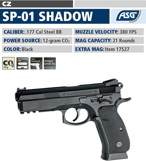 ASG CZ SP-01 Shadow Air Pistol - .177 Caliber Steel BB Gun, Non-Blowback Design