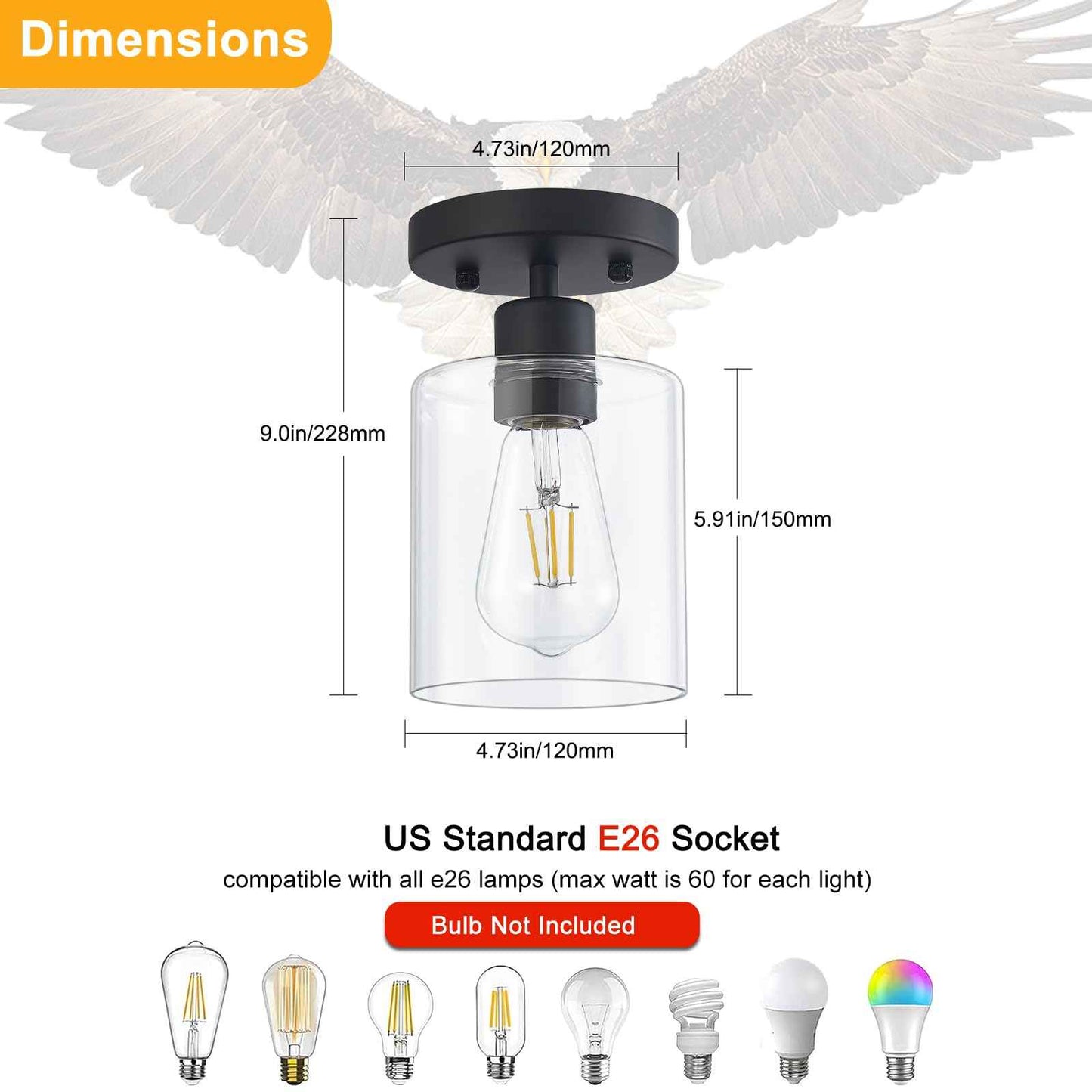 YYT 1 Light Semi Flush Mount Ceiling Light Black Kitchen Lighting Fixtures Ceiling Hallway Light Fixtures Small Cieling Lights with Clear Glass Shade Set of 1