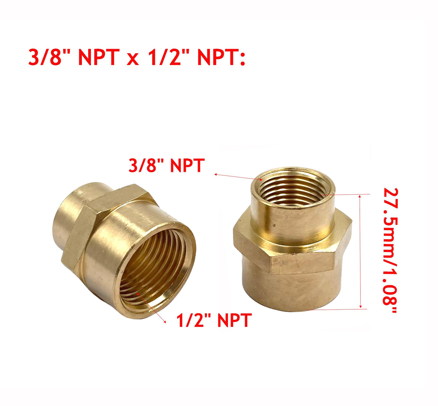 4Pcs 3/8" NPT x 1/2" NPT Female Brass Reducer Bushing,1/2" NPT Female to 3/8" NPT Female Pipe Fittings