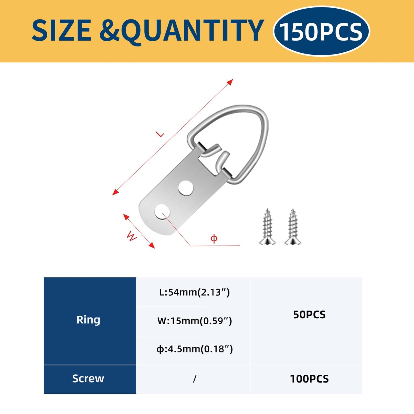 Quevaeco 50PCS D Ring Picture Hangers with Screws, 2-Hole Heavy Duty D Rings Frame Hooks for Picture Hanging, Photo Frames, Canvas, Mirrors, Artwork, and Decor Supplies