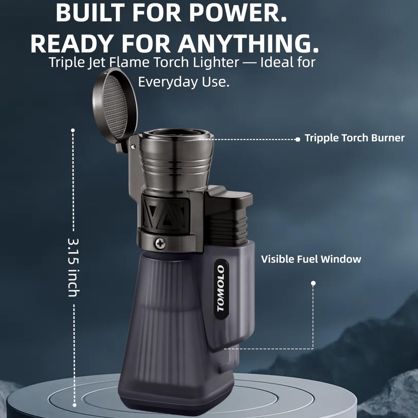 TOMOLO Torch Lighter 2 Pack, Refillable Butane Lighter with 3 Jet Torch Adjustable Windproof Flame (Without Fuel)(Black)