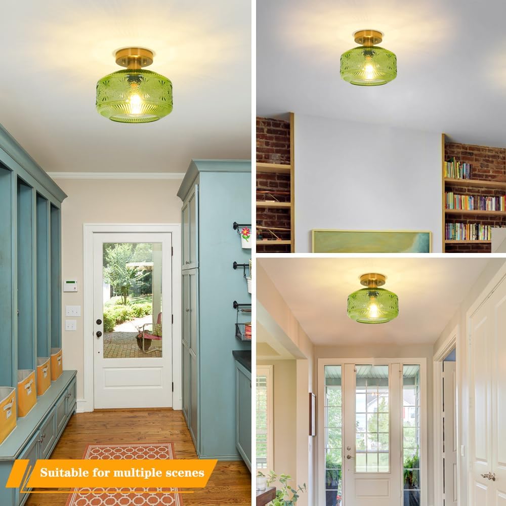 Vintage Semi Flush Mount Ceiling Light Fixture - Brass & Thickened Glass for Hallway, Entryway, Bedroom, Bathroom