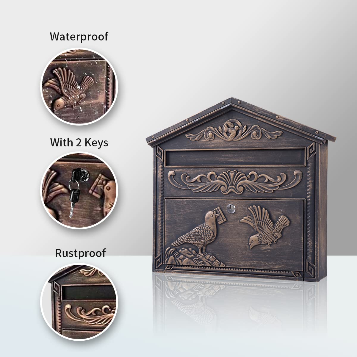 Yoocabinet Mailbox Wall Mount,Large Capacity Locking Mailbox for Outside, Rust-Proof Aluminum Hanging Secured Postbox, Security Key Drop Box,15.35 "x 16.14 "x3.54 Retro Bird