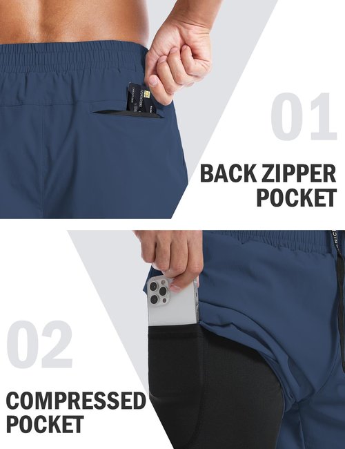 Aolesy Men’s 2 in 1 Running Shorts 5 Inch Quick Dry Workout Gym Shorts with Pockets Tennis Training Athletic Shorts with Liner for Men Navy Blue
