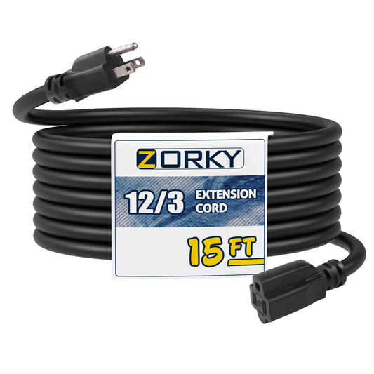 Zorky 15ft Indoor Outdoor Extension Cord - 12/3 SJTW Heavy Duty Extension Cable with 3 Prong Grounded Plug for Safety -15Amp 1875W Black Electric Cord Great for Garden, Appliances