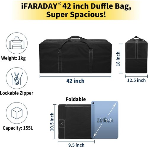 iFARADAY 155L Oversized Duffle Bag - 42” Heavy-Duty Water-Resistant Travel Bag for Camping & Storage | Black