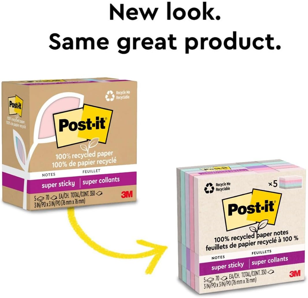 Post-it Super Sticky Notes | 100% Recycled Paper | 3 in. x 3 in. | 5 Pads in Wanderlust Pastels