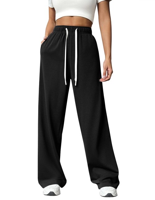 PINSPARK Women's Sweatpants Wide Leg Lounge Pants Elastic High Waist Sweatpant Athletic Sweat Pants with Pocket and Drawstring Tall Medium, Black