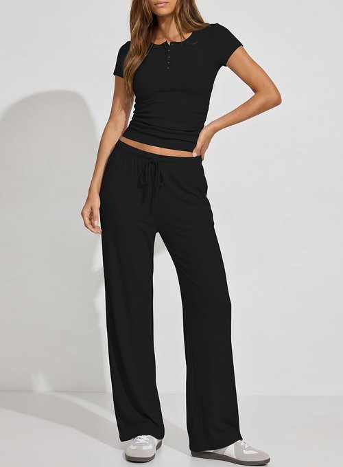 Darong Women's Lounge Set - Summer Short Sleeve Henley Shirt & Wide Leg Pants | Travel Outfit