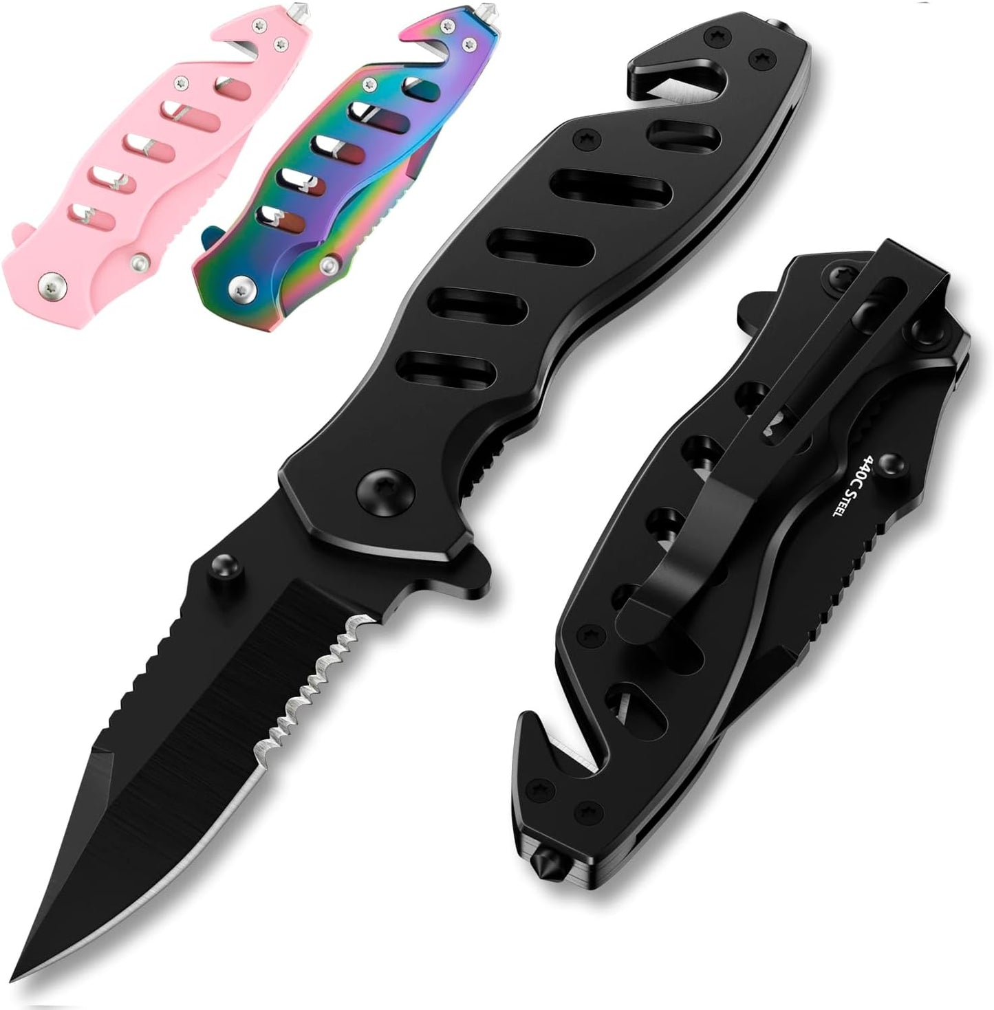 Skiennix Tactical Legal Knife - 2.68-Inch Serrated Blade | Compact Black Pocket Tool with Glass Breaker & Seatbelt Cutter - Perfect for Camping & EDC Gifts