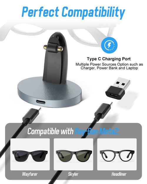 Charging Stand Compatible with Ray-Ban Meta Wayfarer, Headliner and Skyler Smart-Glassers, Charging Station with USB Type C Charging Cable for Ray-Ban Meta 2