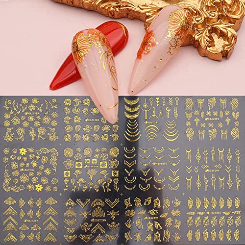 3D Floral Nail Art Stickers - Gold Flower & Lace Leaf Decals, 12 Styles