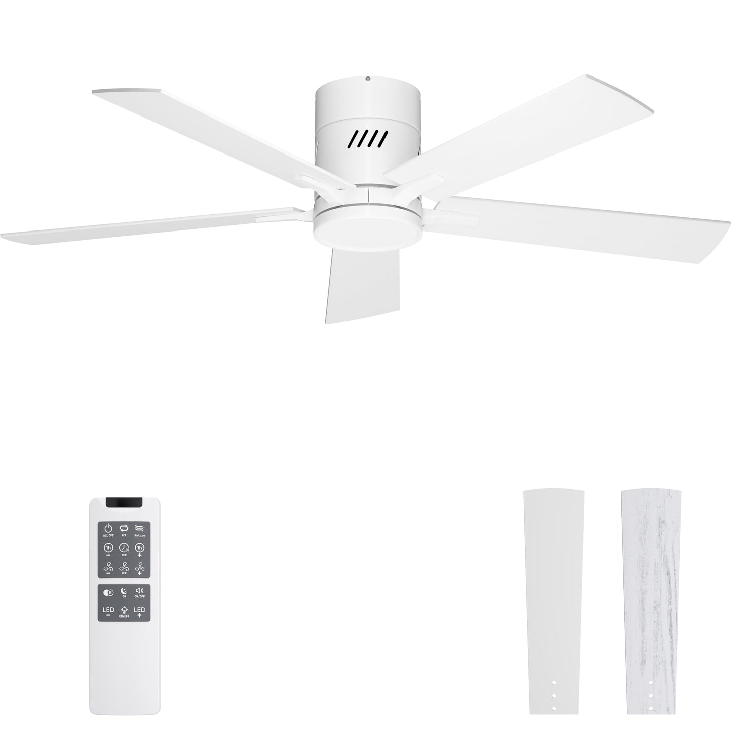 Ohniyou Ceiling Fan with Lights, 48" Flush Mount Ceiling Fan with Light and Remote, Low Profile, Silent DC Motor, Dimmable for Bedroom Living Room, White