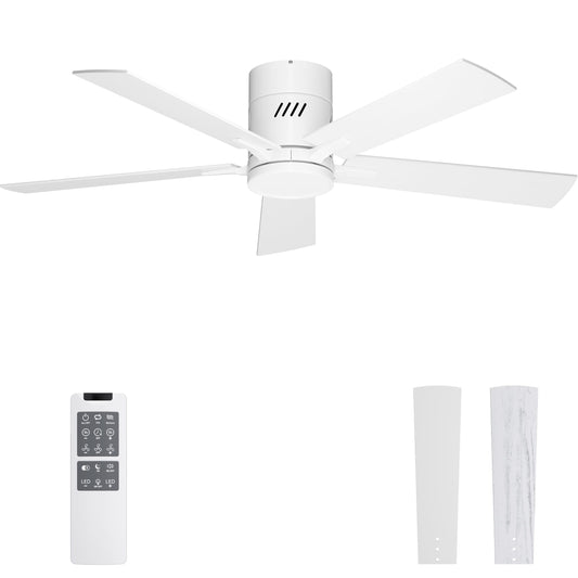 Ohniyou Ceiling Fan with Lights, 48" Flush Mount Ceiling Fan with Light and Remote, Low Profile, Silent DC Motor, Dimmable for Bedroom Living Room, White