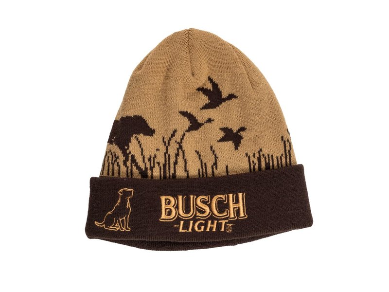 Calhoun Busch Light Hunting Beanie – Warm Knit Winter Hat with Dog & Duck Design for Outdoor Enthusiasts Brown