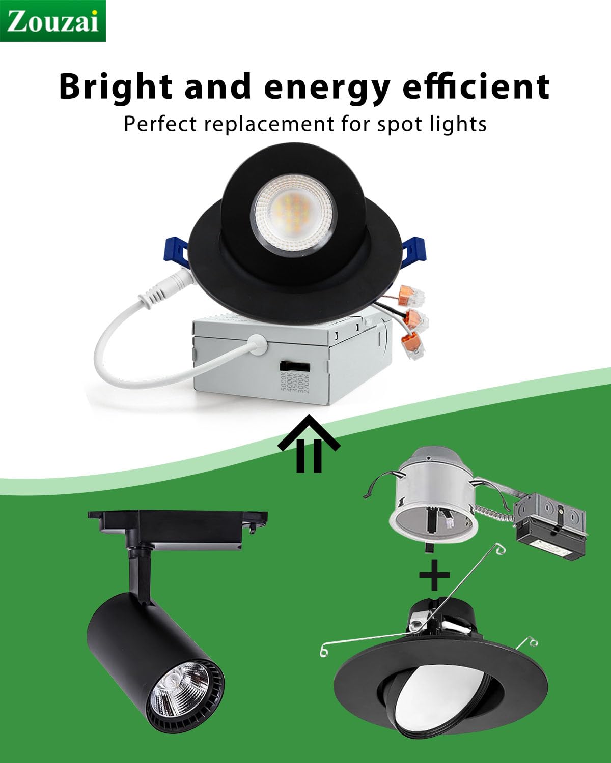 zouzai Classic 4 inch 5CCT Gimbal LED Recessed Light, 360°+90° Adjustable Directional Retrofit Eyeball Can Light with J-Box, Dimmable 2700K/3000K/3500K/4000K/5000K, ETL Certified (Black,12 Pack)