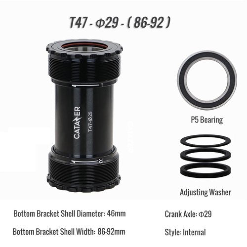 catazer Road Bike T47 Bottom Bracket, 24/29/30mm Crank Spindle Ceramic Bearings Threaded Internal External BB for 68-73mm/86-92mm Frame(Internal,29mm)