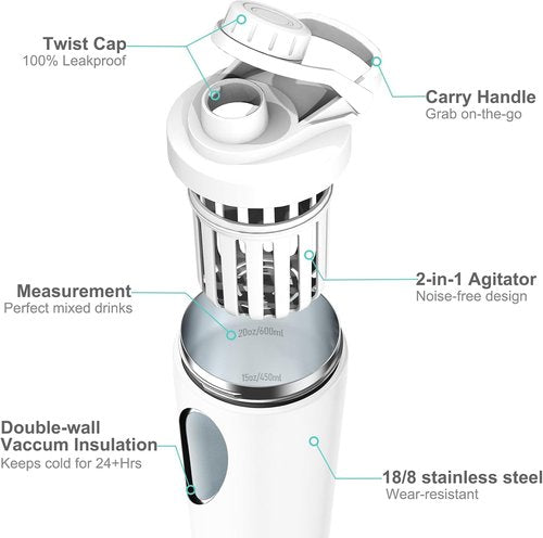 Greatyos Stainless Steel Shaker Bottle - Noise-Free 24 oz Insulated Cup for Protein Mixes | 100% Leak Proof (White)
